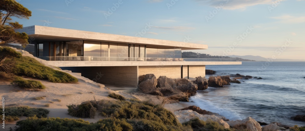 Building Exterior luxury of living room with sea view by generative AI illustration. Building Exterior luxury of living room with sea view by generative AI illustration.
