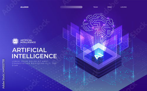 AI (Artificial Intelligence), Deep learning machine learning AI, Technological digital brain concept, Isometric vector landing page