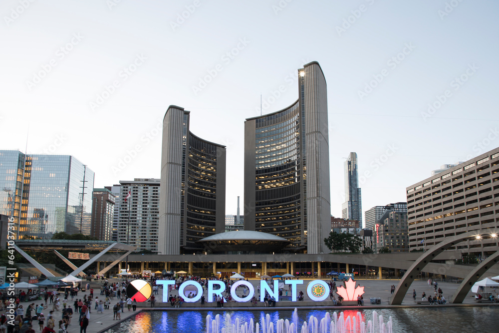 Beautiful view of The Toronto Sign is an illuminated three-dimensional sign in Nathan Phillips Square in Toronto, Canada