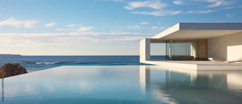 Fototapeta premium Building Exterior luxury of living room with sea view by generative AI illustration.