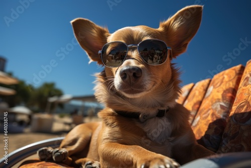Dog Laid-Back Chihuahua Unwinding on Vacation on the beach. Generative AI © Anthony Paz