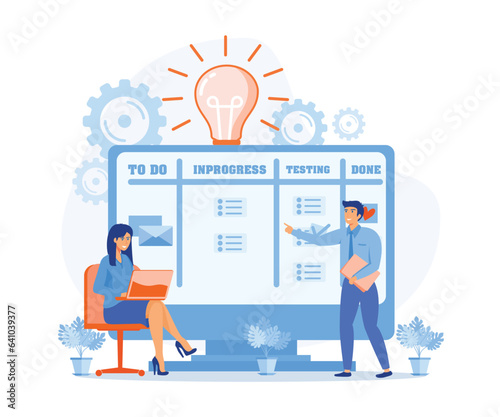 agile visual project management method, teamwork concepts. programmer team moving cards on electronic kanban task board. flat vector modern illustration  