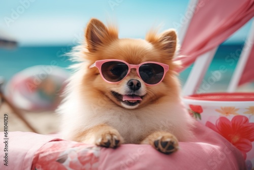 Dog Laid-Back Pomerania Unwinding on Vacation on the beach. Generative AI © Anthony Paz