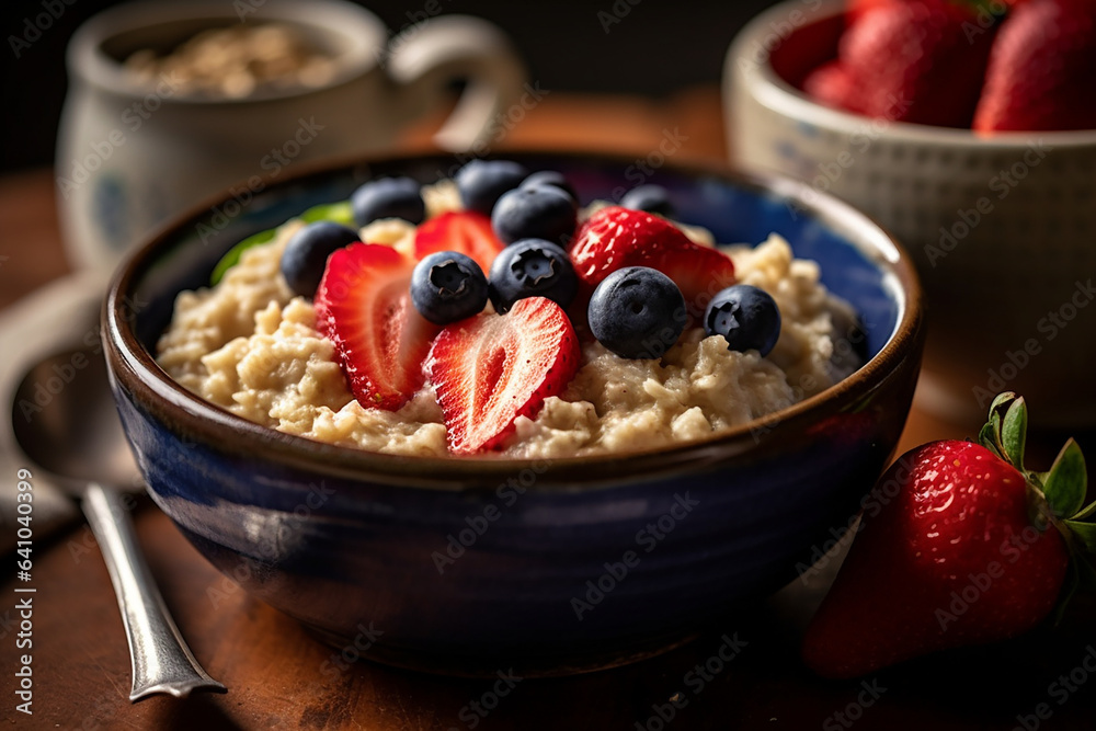 A bowl of oatmeal served with strawberries and blueberries A bowl of oatmeal served with strawberries and blueberries