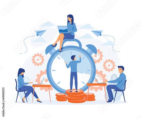 time management. control. Businessman run along gear in form of clock. Organization of process. flat vector modern illustration 