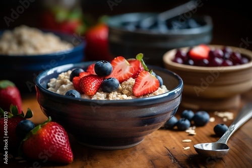 A bowl of oatmeal served with strawberries and blueberries 