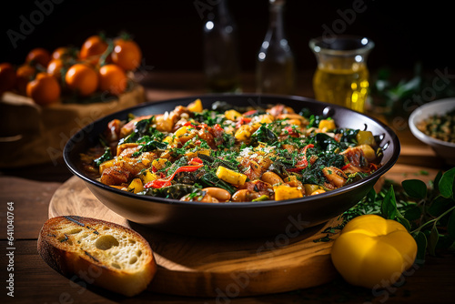 Ribollita served on a wide bowl, a Tuscan bread soup, panade, porridge, or potage made with bread and vegetables
