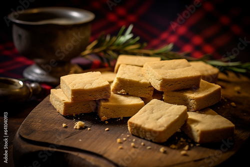 Scottish Shortbread served on a wooden plate,  a traditional Scottish biscuit usually made from one part white sugar, two parts butter, and three to four parts plain wheat flour.