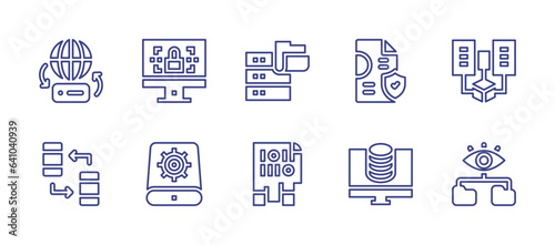 Data line icon set. Editable stroke. Vector illustration. Containing data protection, data mining, data server, data visualization, data transfer, data encryption, data, data storage.