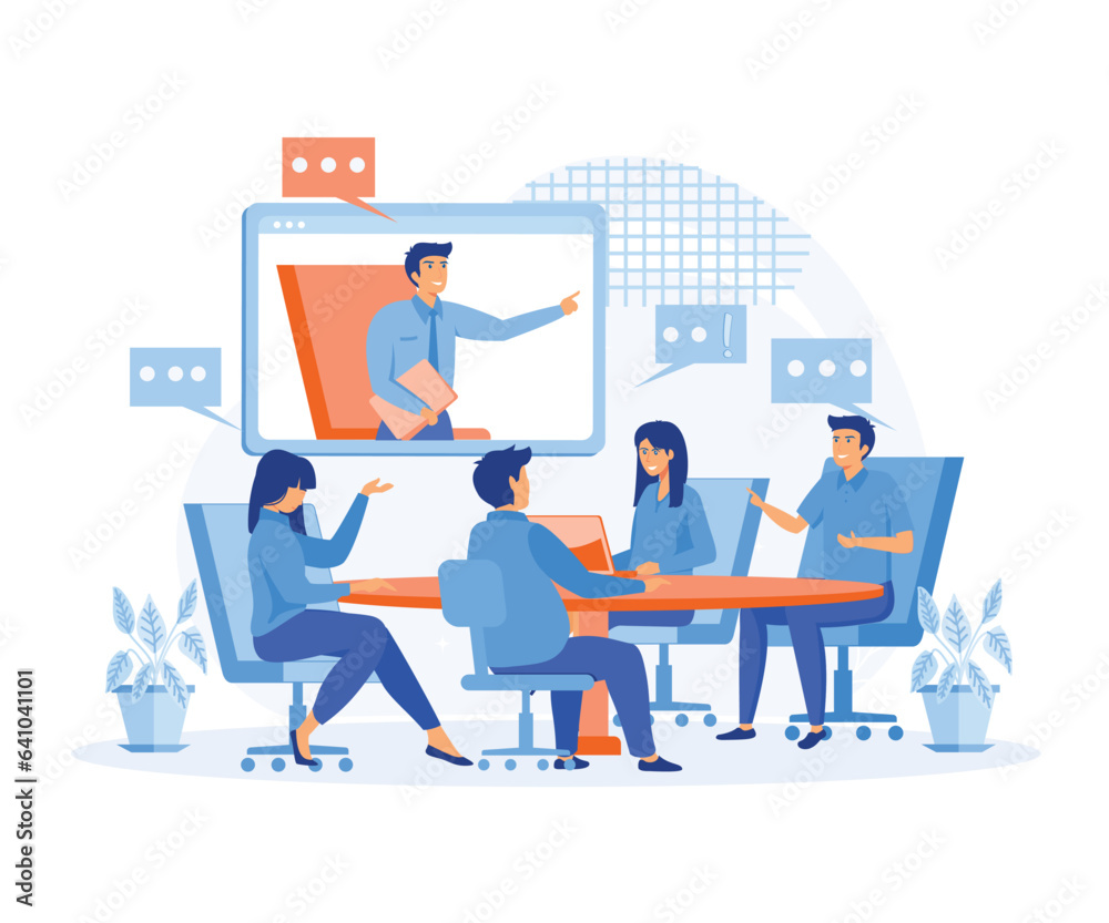 Online meeting with CEO, manager or director. Business team at the video conference call in boardroom. flat vector modern illustration