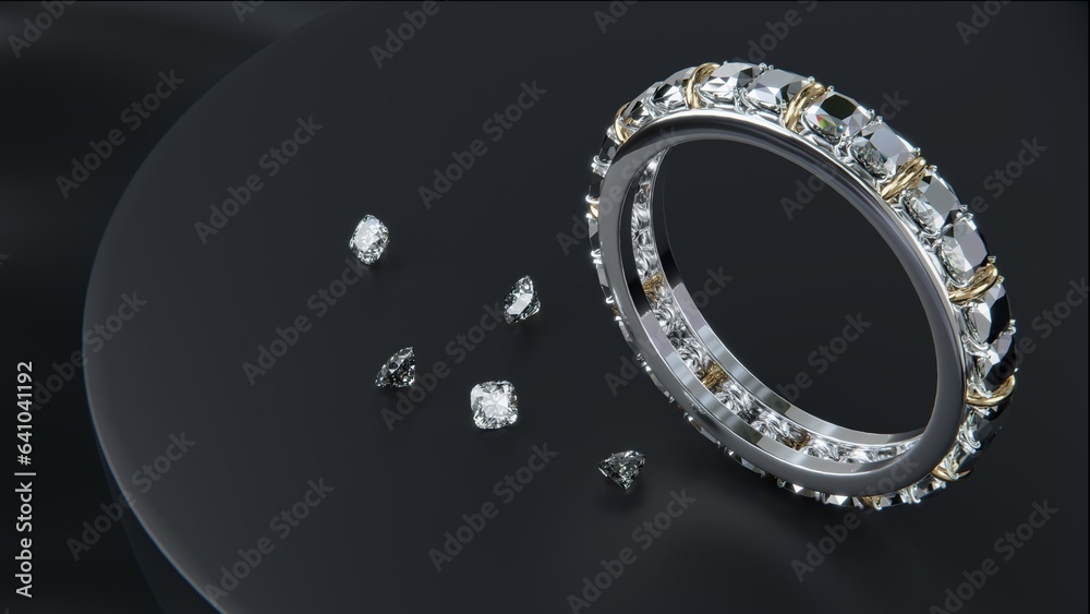 Platinum diamond ring and many small diamonds on the floor. Ring design on display stand with 3D rendering. Platinum diamond ring and many small diamonds on the floor. Ring design on display stand with 3D rendering.