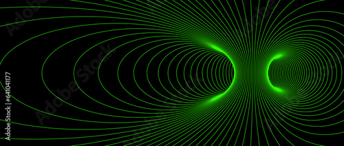 Wormhole wireframe structure. Neon geometric outline grid tunnel backdrop. 3D funnel or vortex texture. Green abstract energy lines on dark background. Vector illustration wallpaper. 