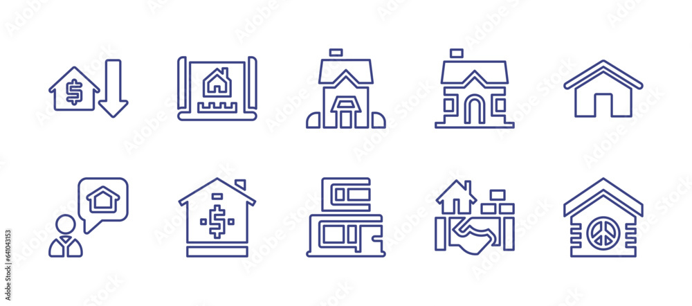 Real estate line icon set. Editable stroke. Vector illustration. Containing price down, plan, broker, house, duplex, cooperate, buy, home.