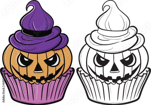 Halloween Pumpkin Cupcake. Hand-drawn lines. Doodles art for greeting cards, invitations, or posters. Coloring book for adults and kids.
