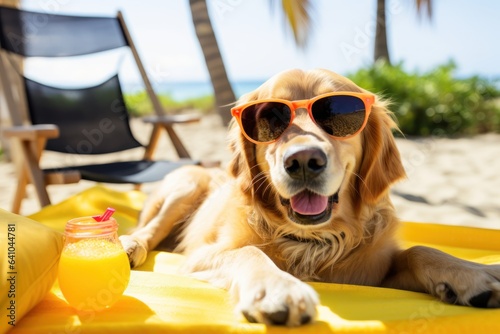 Dog Laid-Back Golden Retriever Unwinding on Vacation on the beach. Generative AI