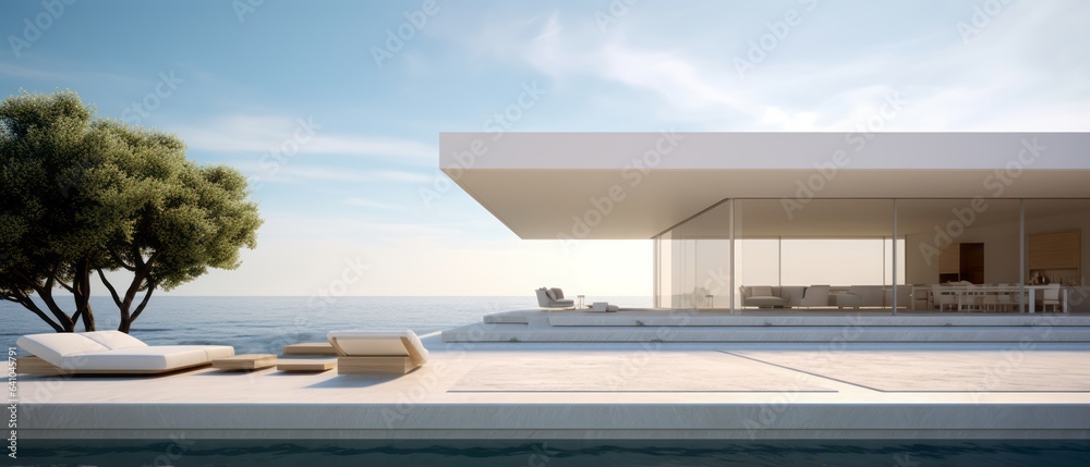 Building Exterior luxury of living room with sea view by generative AI illustration.