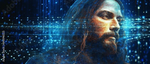 Abstract image of Jesus Christ, blue, futuristic background, Generative ai © Deep Ai Generation