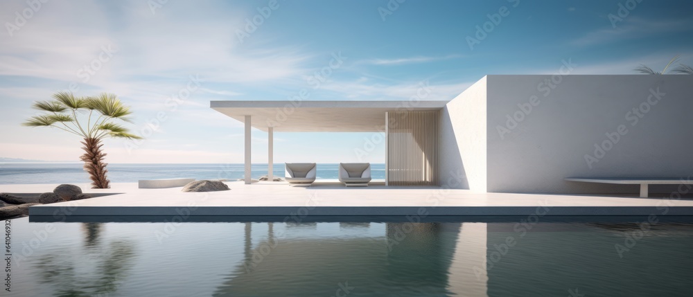 Fototapeta premium Building Exterior luxury of living room with sea view by generative AI illustration.