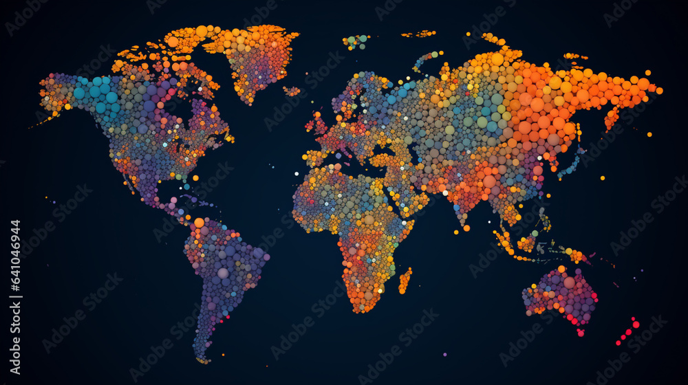 A world map, composed of vibrant dots, resembles a mosaic of global unity. Each dot represents a unique place, its hue signifying diversity. Together, they form a harmonious interconnectedness. A world map, composed of vibrant dots, resembles a mosaic of global unity. Each dot represents a unique place, its hue signifying diversity. Together, they form a harmonious interconnectedness.