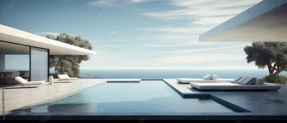 Fototapeta premium Building Exterior luxury of living room with sea view by generative AI illustration.