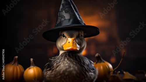 a photograph of cute duck use witch hat for halloween celebration generative ai
