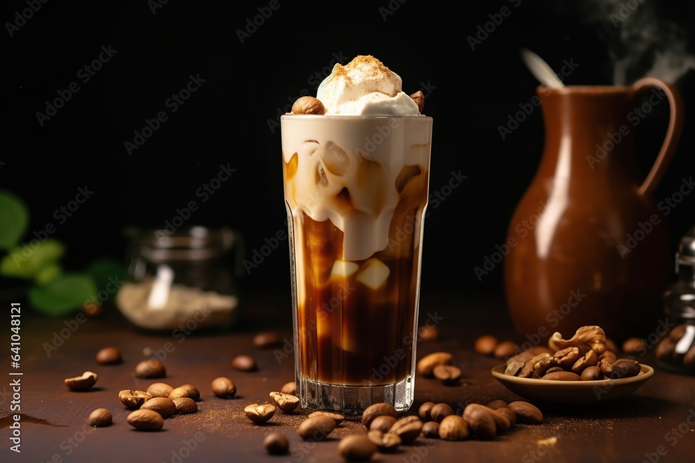 Iced coffee in a tall glass topped with cream. Iced coffee in a tall glass topped with cream.