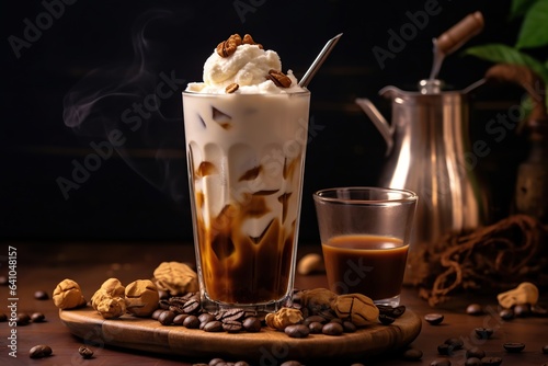 Iced coffee in a tall glass topped with cream.