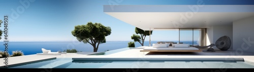 Building Exterior luxury of living room with sea view by generative AI illustration.