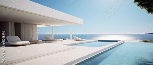 Building Exterior luxury of living room with sea view by generative AI illustration. © MOMO