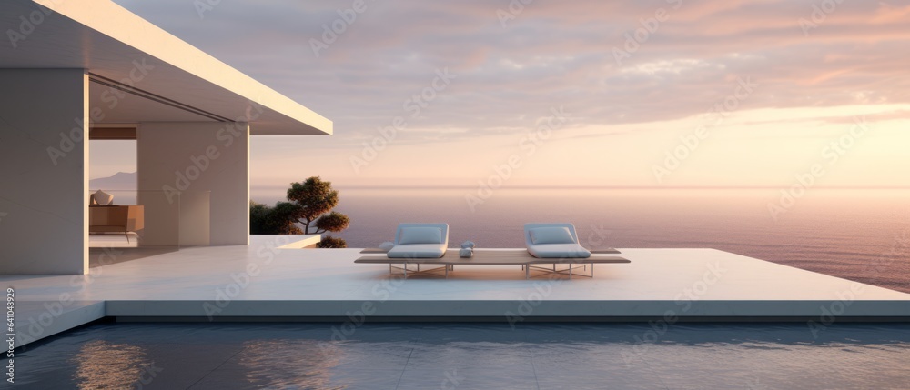 Fototapeta premium Building Exterior luxury of living room with sea view by generative AI illustration.