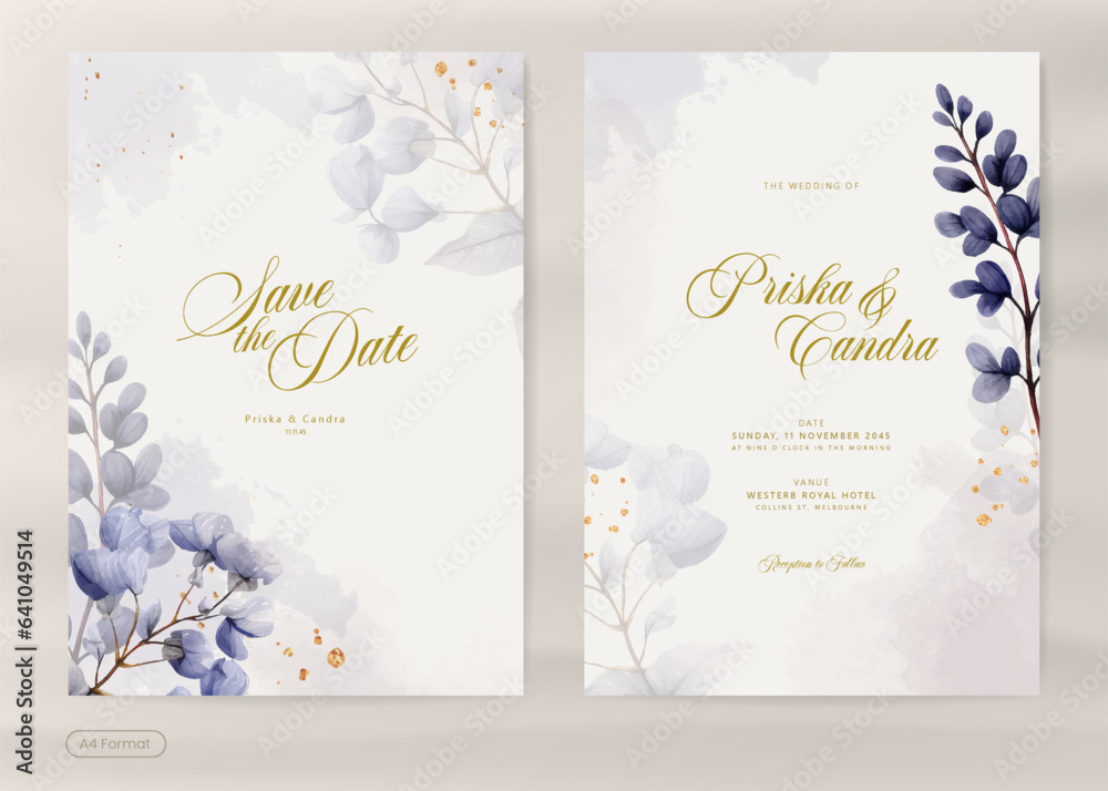 Modern Wedding Invitation with Warm Purple Leaves Watercolor