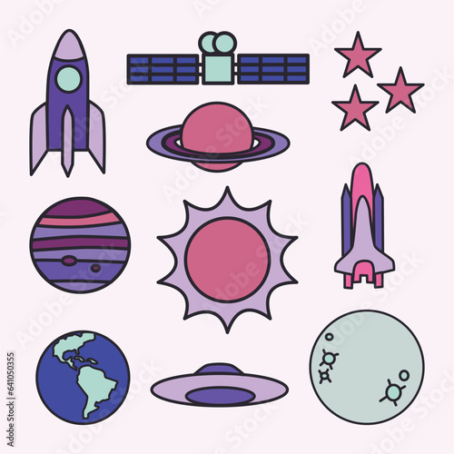 Set of Outer Space Cute Flat Line Illustration