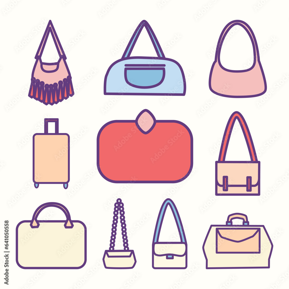 Set of Bags Type Cute Flat Line Illustration