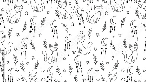 seamless black and white pattern with the image of cats. Vector illustration