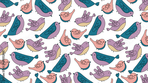 Seamless pattern with birds in doodle style. Vector illustration