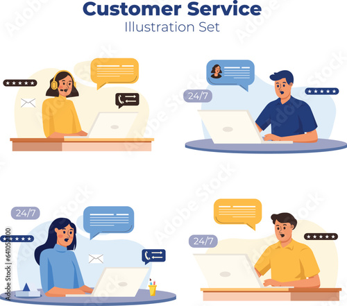 icon set for Customer service hotline operator concept consulting customer with headset on computer, call processing system illustration on white background