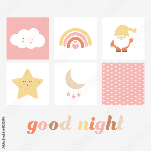 Cute kids character poster. Sweet Dreams and good night. Children's room decoration design. Kids party invitation. Flat vector illustration