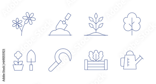 Gardening icons. editable stroke. Containing flower  gardening  sickle  plant  raised bed  tree  watering can.