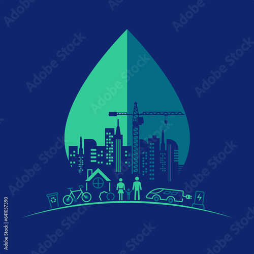 concept of green city or environmental technology, graphic of leaf combine with city