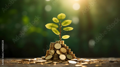 tree growing on pile of golden coins, growth business finance investment and Corporate Social Responsibility or CSR practice and sustainable development concept idea.