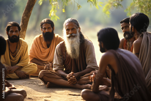 Old indian guru surrounded by his disciples