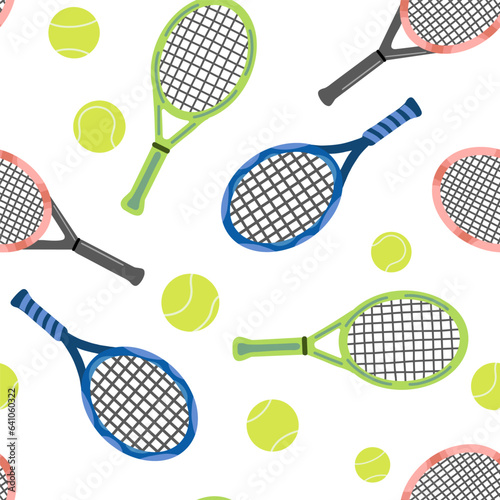 Seamless pattern with tennis racket and ball on white. Sport endless background