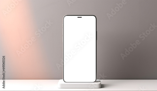 Smartphone Mockup On Stand Holder Against grey Background.