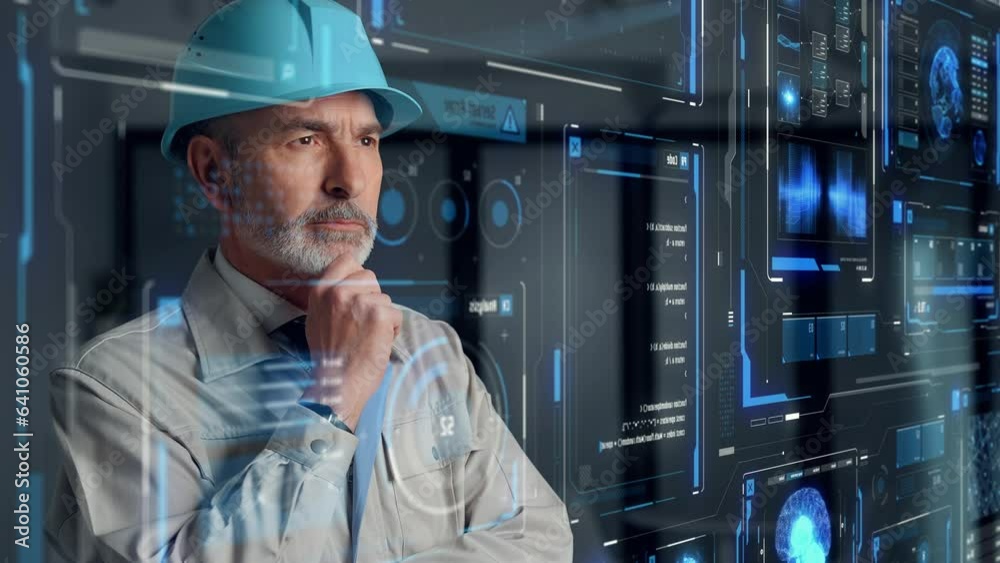 Middle aged engineer watching futuristic graphical user interface.