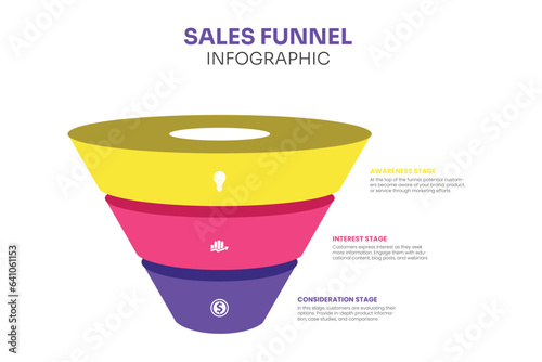 funnel arrow diagram with 3 points, options, list, infographic element template vector, can be used for sales, marketing, process flow