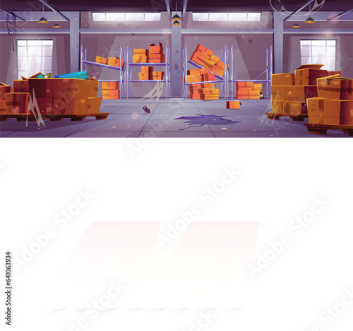 Broken and abandoned warehouse room with damaged storage inventory, destroyed wooden containers and carton parcel boxes, garbage and messy, cobwebs and mouse. Cartoon vector closed storage hangar.