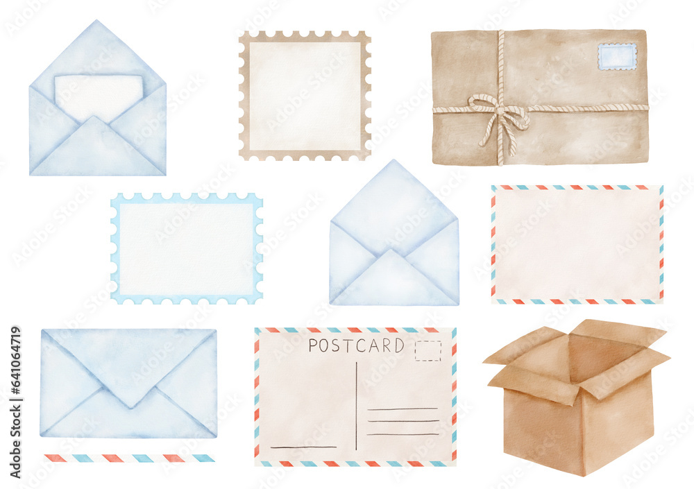 Set of open and closed envelopes, stamp and parcel, watercolor post illustrations isolated on white background Set of open and closed envelopes, stamp and parcel, watercolor post illustrations isolated on white background