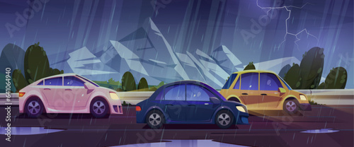 Rain and thunder on mountain car road background. Water puddle of falling raindrop on highway. Thunderstorm weather in alps. Outdoor panorama for adventure drive trip horizontal design concept