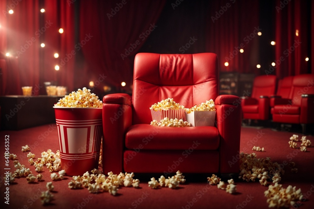 Movie hall interior with red chairs and popcorn. 3D Rendering Stock ...