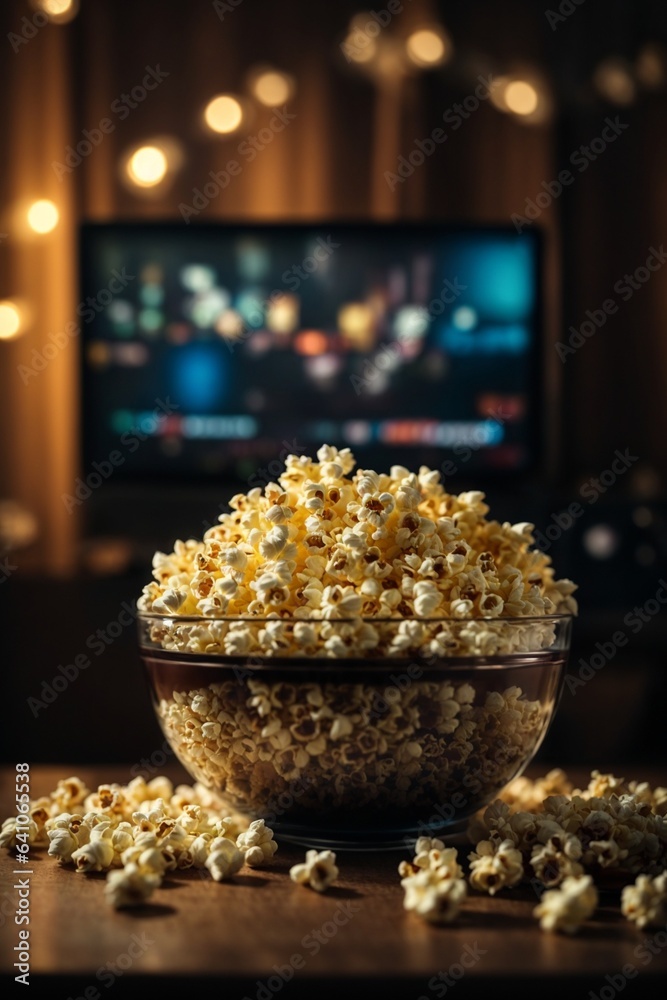 custom made wallpaper toronto digitalPopcorn in a glass bowl on the background of a TV screen.